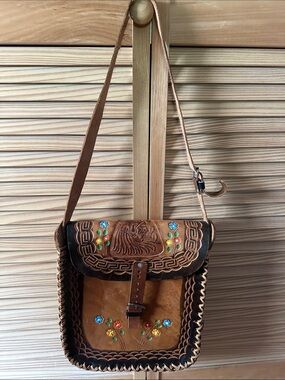 Handcrafted Mexican Brown Leather Crossbody Bag with Floral Accents
